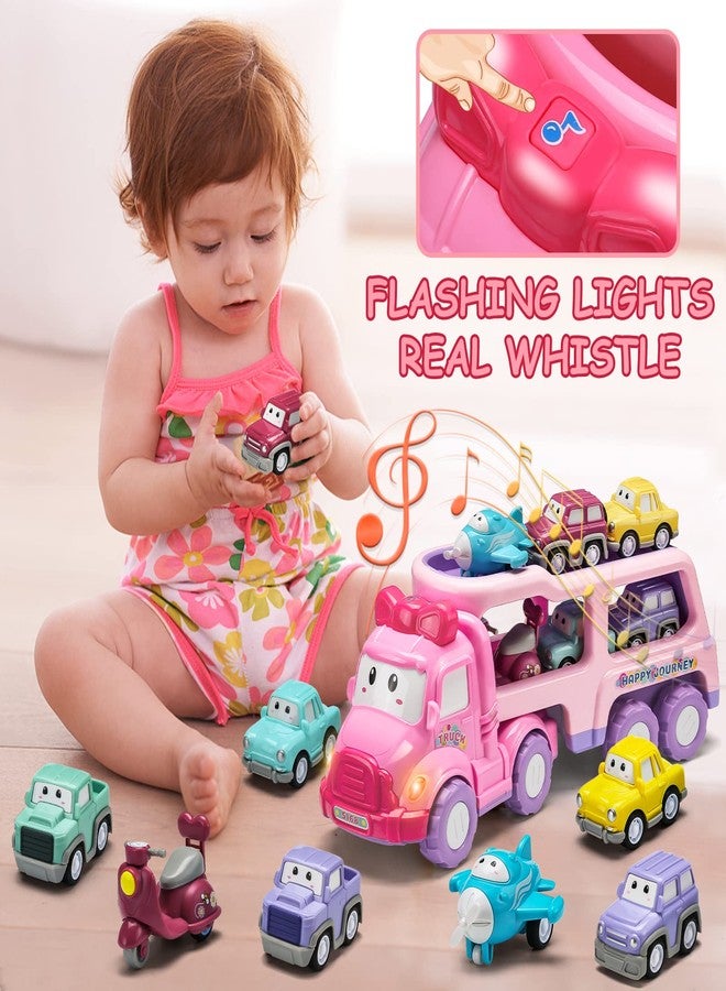 Uzoxlsn Cartoon Vehicle Toy for Toddler Girl, 9-in-1 Pink Carrier Truck for Baby Girls, Friction Power Transport Car with Light and Sound, Toys for 3 Years Old Little Girl Kid Child Infant Gift Birthday - Image 3